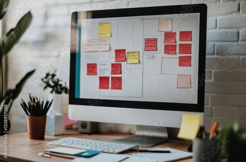 Organized workspace with a computer displaying a project plan using sticky notes.  A productive and efficient setup.