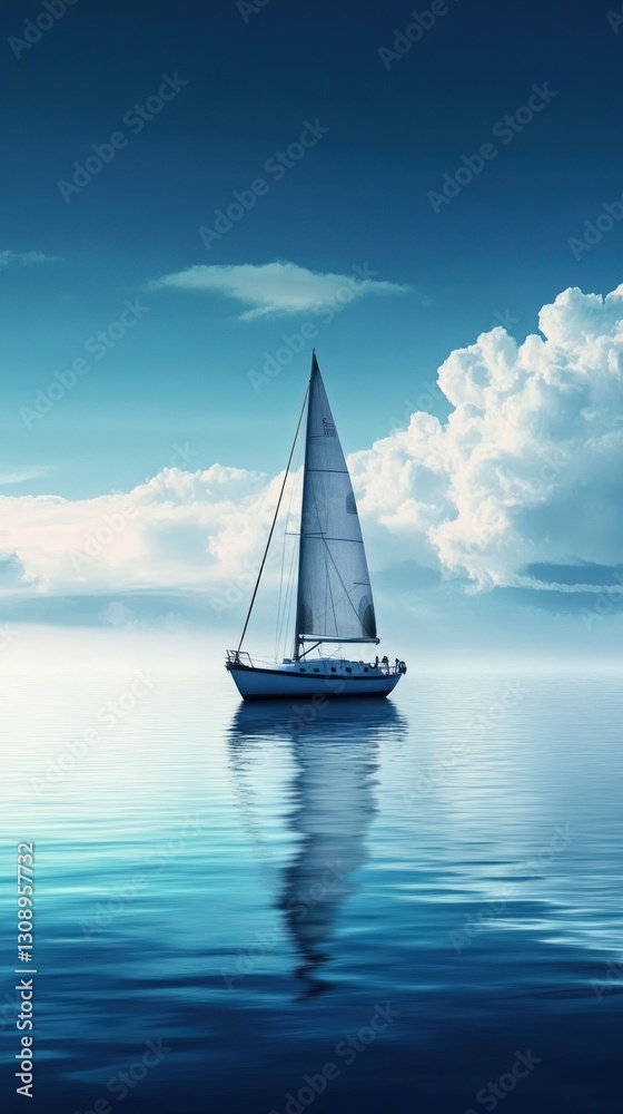 Obraz premium A lone sailboat floats peacefully on a tranquil and serene blue sea