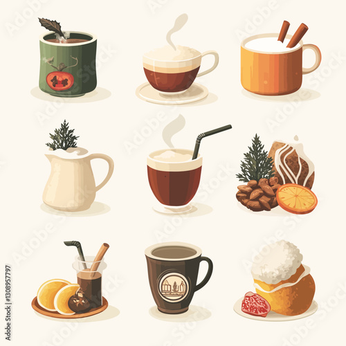 Variety of Hot Winter Holiday Beverages and Garnishes on a Creamy White Background