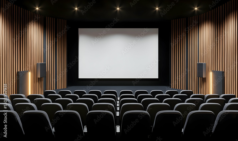 Modern Cinema Interior with Empty Seats and Blank Projection Screen Modern Cinema Interior with Empty Seats and Blank Projection Screen