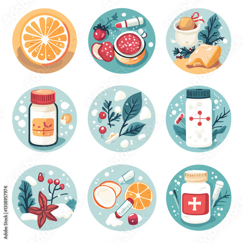 Illustrated Wellness Icons Show Healthy Living with Fruits and Medicine