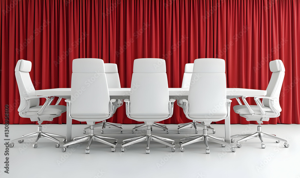 Obraz premium Modern Conference Room with White Chairs and Red Drapes