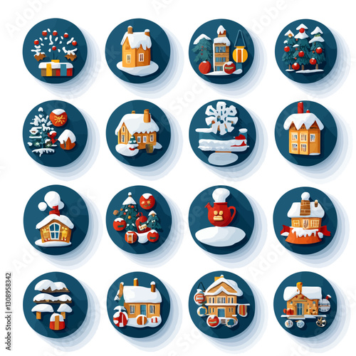 Festive Holiday Icons Set on Navy Background, Christmas Houses and Objects