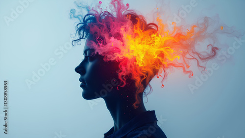 creative silhouette of person with colorful smoke and flames representing thoughts and ideas. vibrant colors evoke sense of imagination and inspiration