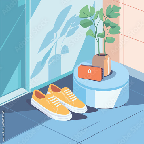 Shoes are on the floor, the office pass on the pedestal, colorfull flat illustration