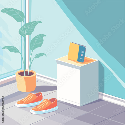 Shoes are on the floor, the office pass on the pedestal, colorfull flat illustration