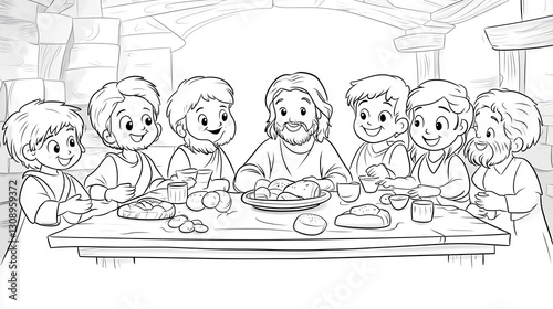 A fun and engaging children’s coloring book illustration of Jesus and His twelve disciples at the Last Supper.
