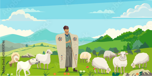 Shepherd grazing his sheep on the plateau, village life, Asian culture.