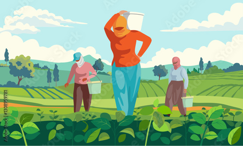 Working women in bean fields, village life, Asian culture.