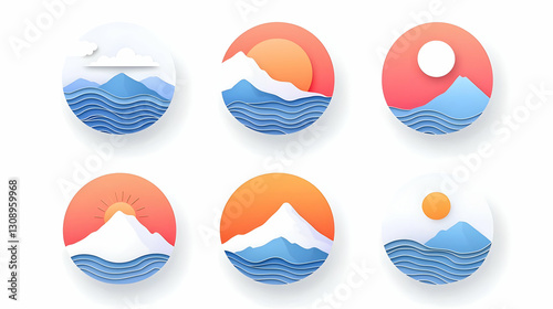 Vibrant Layered Mountain and Water Illustrations in Round Format