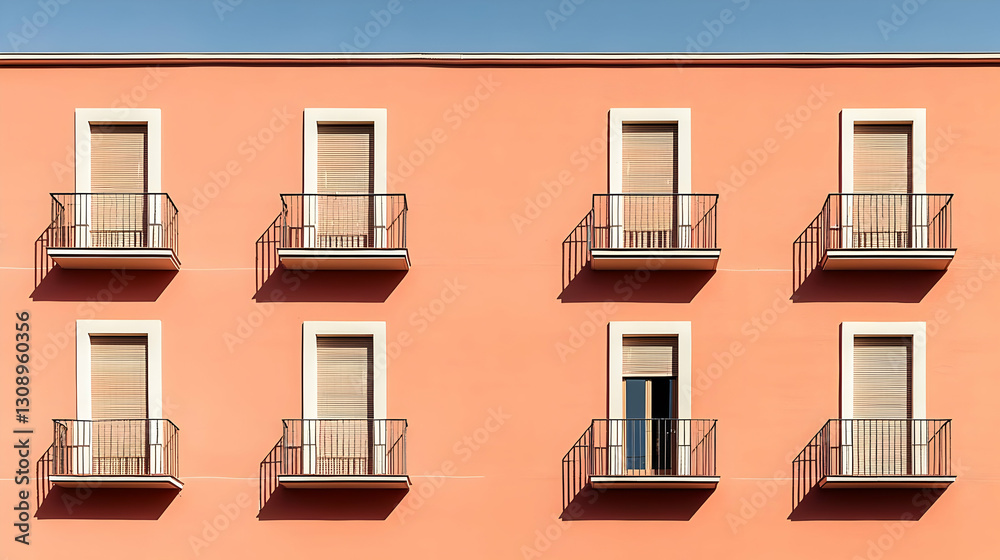 Fototapeta premium Symmetrical Arrangement Of Windows And Balconies On A Pink Building Facade