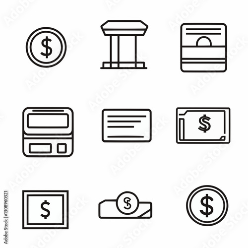 set of minimalist financial icons featuring banking symbols, dollar signs, credit cards, coins, ATMs. Simple vector line art, easy to use for business designs, apps, presentations, and web interfaces
