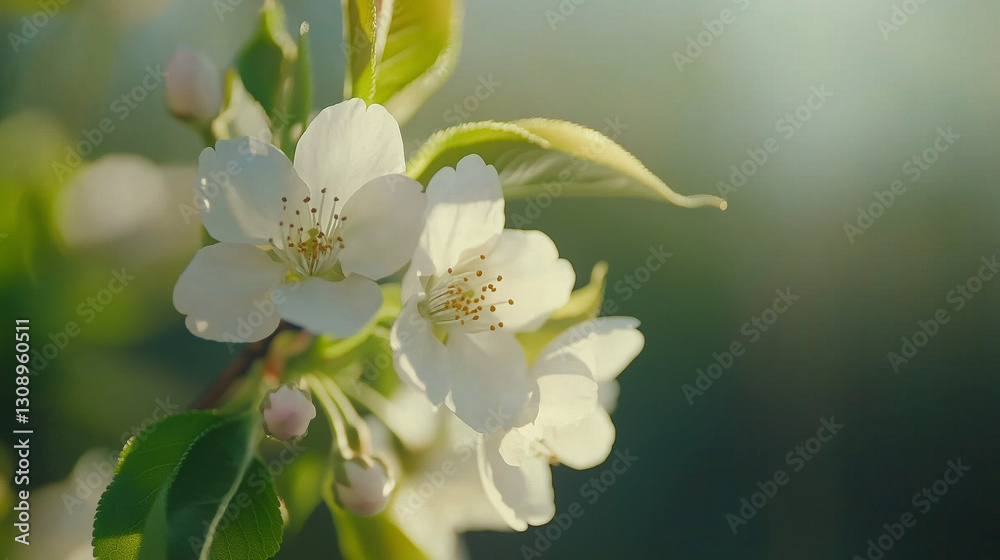 Obraz premium Cherry blossoms in full bloom, delicate petals in soft light, symbolizing renewal and harmony of spring.