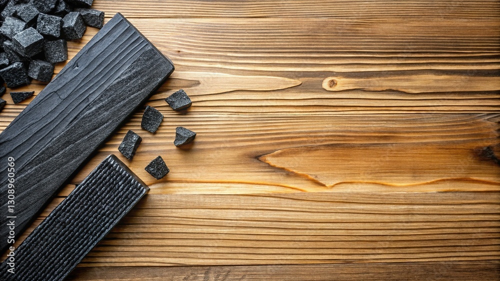 Top-Down View: Carbon Element on Rustic Wood with Splash Effect – Copy Space Top-Down View: Carbon Element on Rustic Wood with Splash Effect – Copy Space