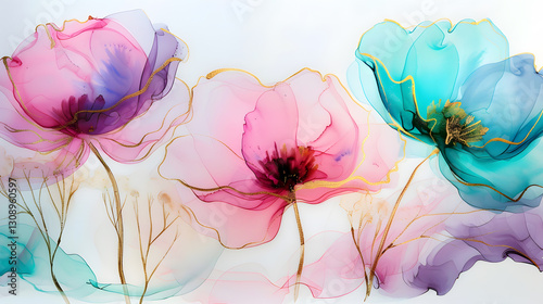Alcohol ink painting of floral detailed and realistic blossoms in rich vibrant colors, creating an elegant and artistic composition.