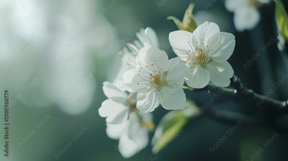 Obraz premium Cherry blossoms in full bloom, delicate petals in soft light, symbolizing renewal and harmony of spring.