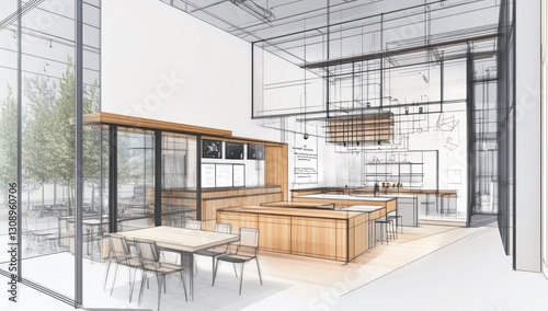 Modern cafe design concept sketch.