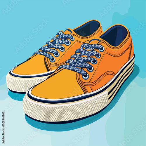 Bright yellow shoes with black laces on a wooden floor, blue background.