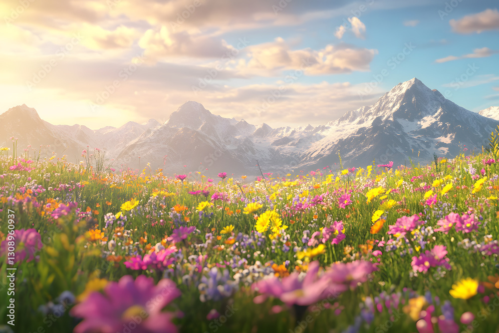 A breathtaking view of a spring meadow filled with colorful wildflowers, set against the backdrop of majestic snow-capped mountains, bathed in warm golden sunlight. A breathtaking view of a spring meadow filled with colorful wildflowers, set against the backdrop of majestic snow-capped mountains, bathed in warm golden sunlight.