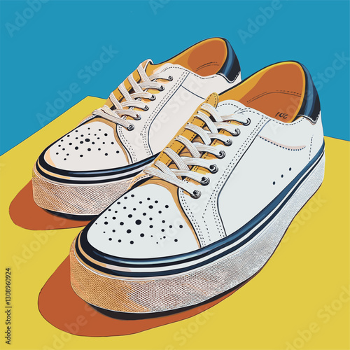 Bright yellow shoes with black laces on a wooden floor, blue background.