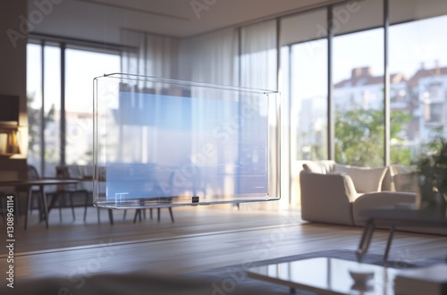 Sleek, transparent TV screen in a modern living room, showcasing a cityscape view. Minimalist design with natural light.