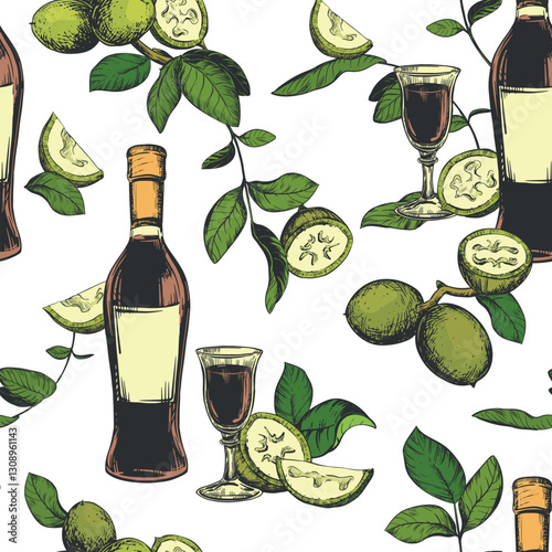 Bottle of Italian liqueur Nocino, glass with aperitif. Vector seamless pattern in color engraving technique. Unripe walnut seeds whole and halves, leaves and branches. Linear sketch in ink.
