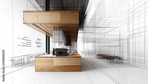 Fototapeta na wymiar Modern cafe interior design, architectural blueprint overlay.