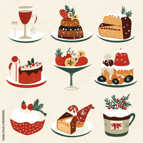 Festive Christmas Dessert Set: Cakes, Mulled Wine, and Fruit for Holiday Cheer