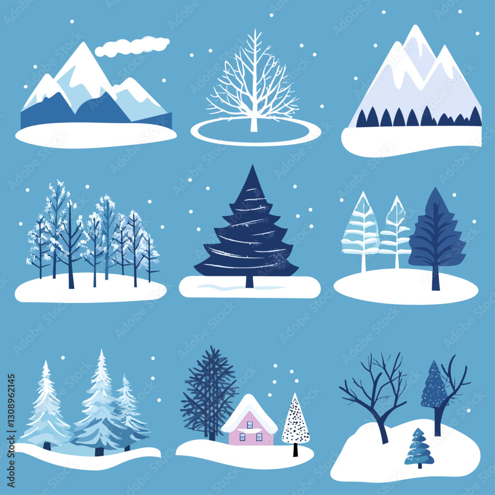 Winter landscape with trees, snow-covered mountains, and cozy pink house Winter landscape with trees, snow-covered mountains, and cozy pink house