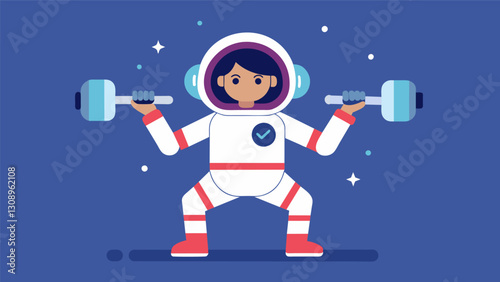 The astronauts arms strain as she works out with virtual weights her body gracefully bending and twisting in the weightless environment.. Vector illustration