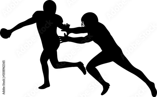 Silhouette of American football player in tackle and defensive poses.