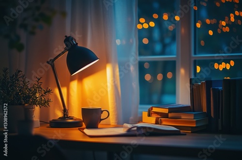 Warm lamplight illuminates a cozy workspace at night, with books, a mug, and a notebook near a window.