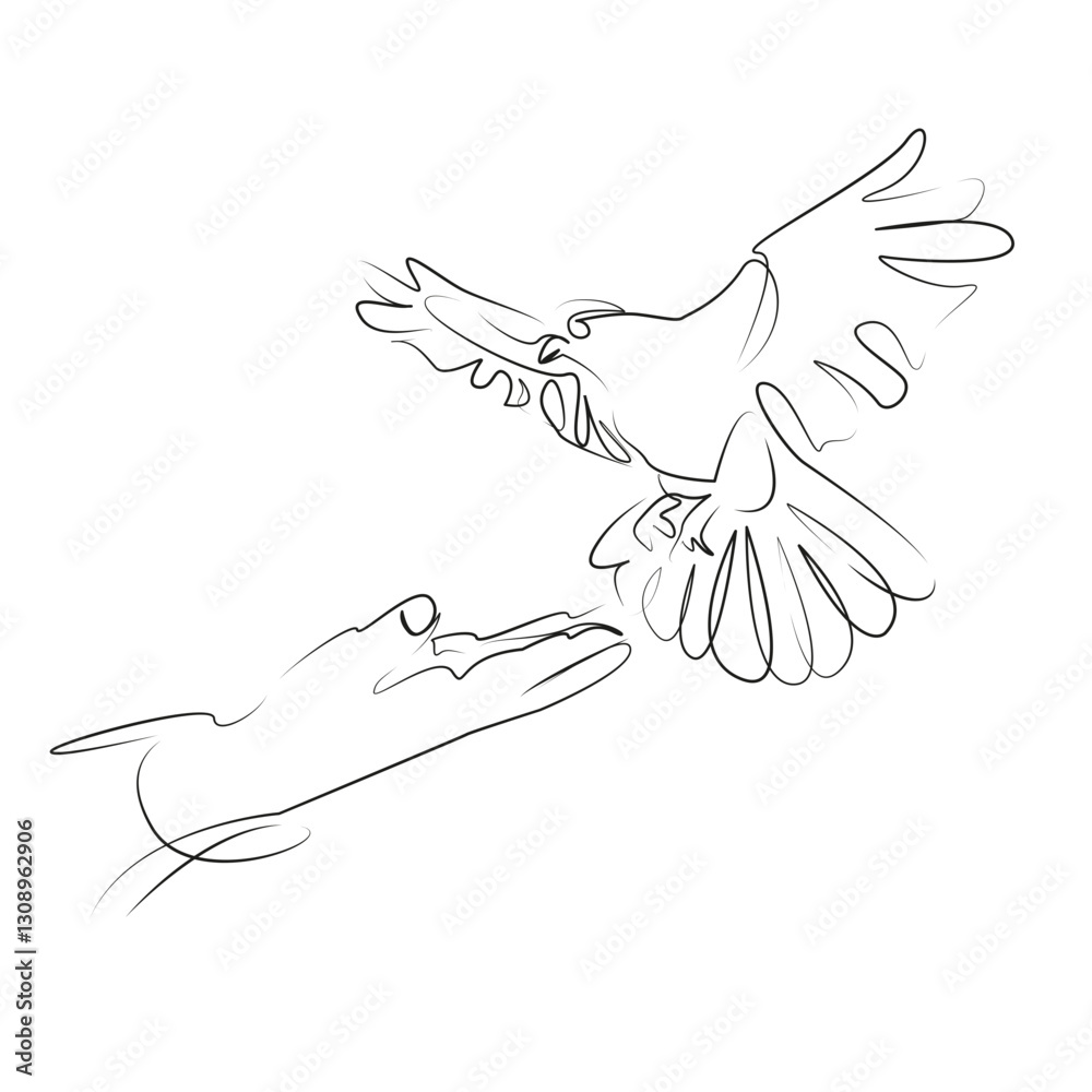Obraz premium One continuous line art drawing flat illustration person, bird, one person, adults only, man, pigeon, adult, animal. Isolated image hand draw outline on white background