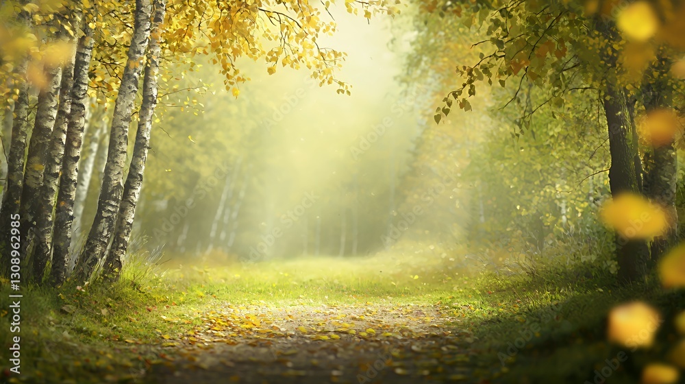 Obraz premium Autumnal Path Through a Misty Birch Forest