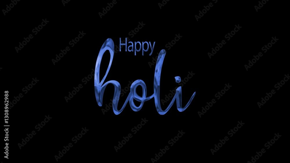 happy holi in blue text animation 4k, alpha channel, with a play button. Suitable for social media posts and festive video content. Vibrant and engaging design.