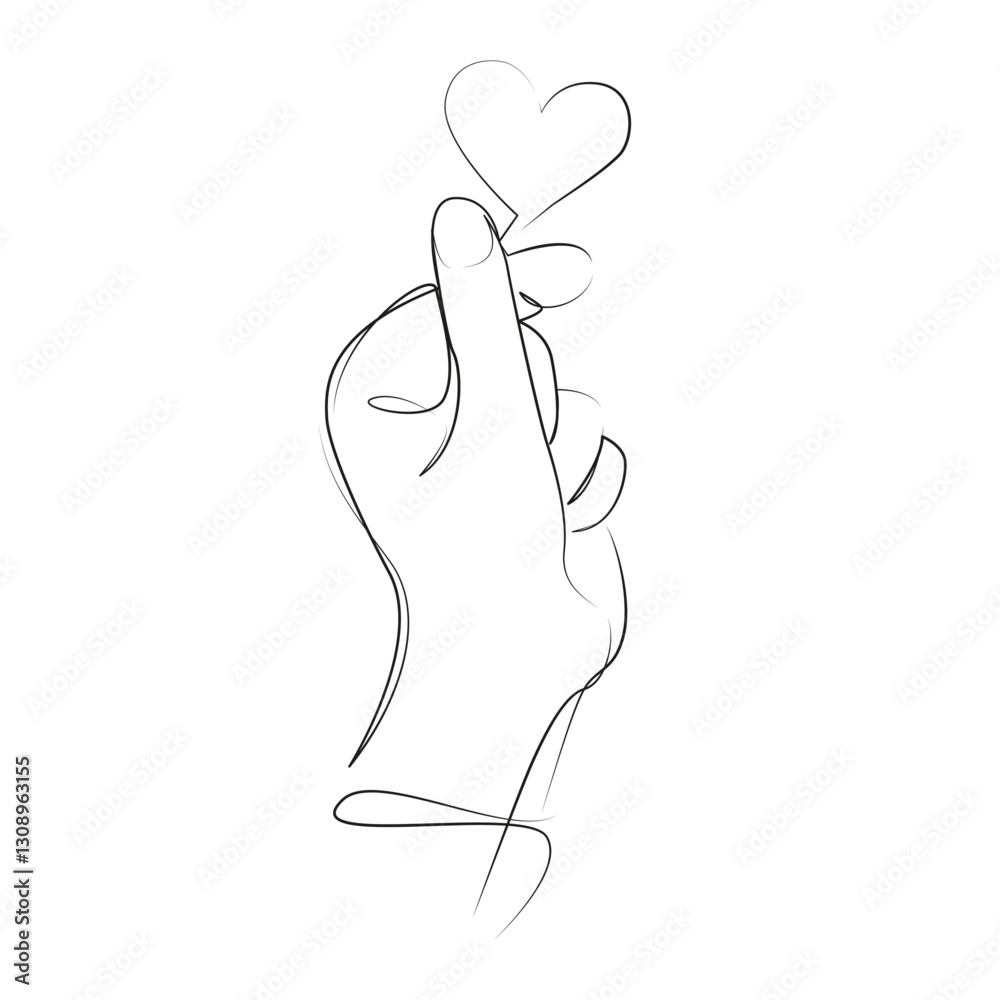 One continuous line art drawing flat illustration finger, gesture, sign, symbol, human, outline, love, making. Isolated image hand draw outline on white background