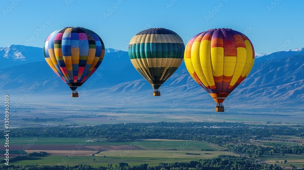 Obraz premium Three Hot Air Balloons Soaring Over Scenic Valley and Majestic Mountains