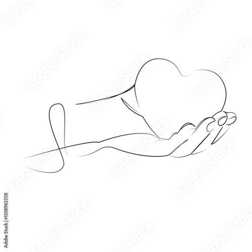 One continuous line art drawing flat illustration valentine, life, love, person, hand, red, sign, symbol, palm, shape. Isolated image hand draw outline on white background