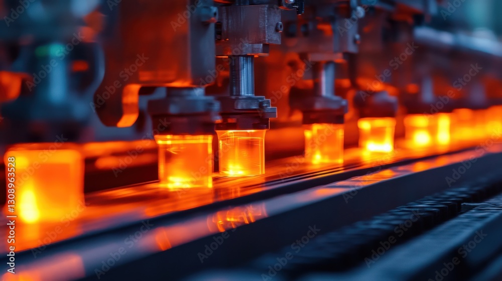A close-up of a high-speed stamping press shaping metal sheets. A close-up of a high-speed stamping press shaping metal sheets.