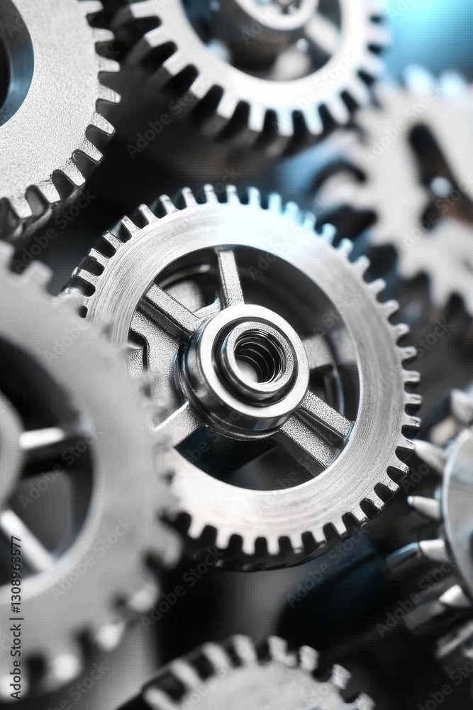 Close Up View of Interlocking Metal Gears and Machinery Components, Industrial Concept Close Up View of Interlocking Metal Gears and Machinery Components, Industrial Concept