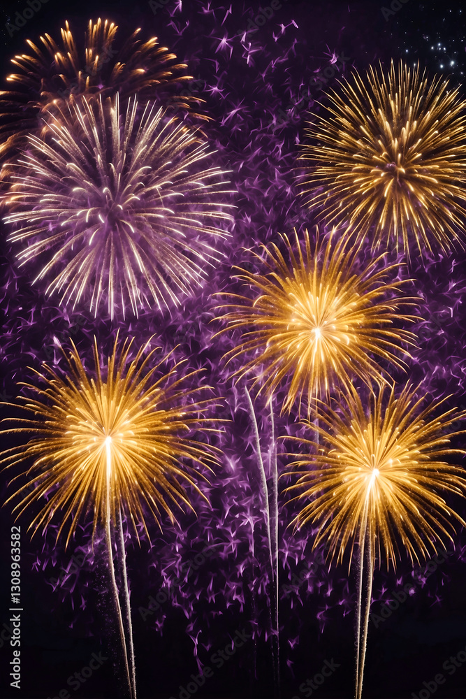Obraz premium Golden and Purple Fireworks Display in the Night Sky – Festive Celebration