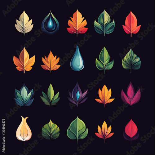 Colorful Leaf and Waterdrop Icons on Dark Background Artistic Vector