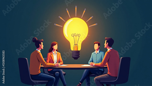 Brainstorming Brilliant Business Ideas: Team Gathered Around Glowing Light Bulb Table