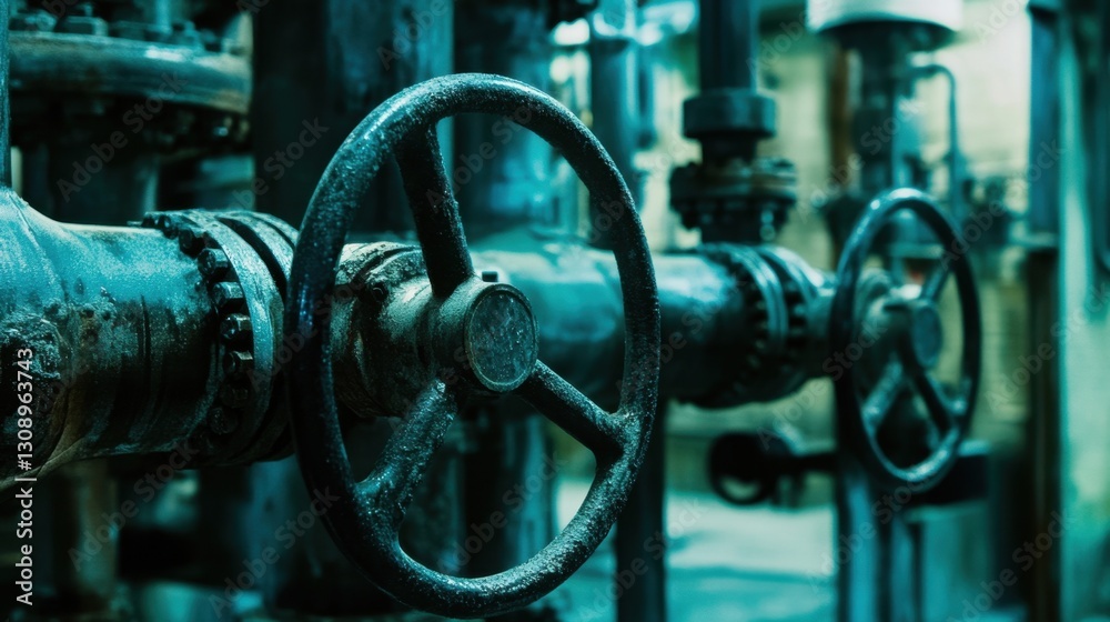 A close-up of industrial piping with safety valves and emergency shut-off switches. A close-up of industrial piping with safety valves and emergency shut-off switches.