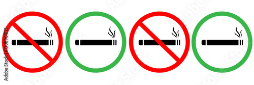 No smoking area and smoking area sign printable red and green stop symbol icon set ban silhouette icon design template.