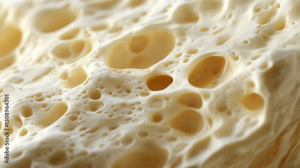 Examining the texture of cheese with visible holes and bubbles Examining the texture of cheese with visible holes and bubbles