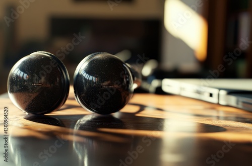 A pair of sleek black headphones rests on a polished wooden surface, bathed in warm sunlight.  The quiet moment suggests calm and focus.