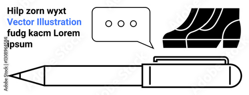 Minimalistic black pen, conversational speech bubble with three dots, partial abstract shoe graphic, and placeholder text concept. Ideal for communication, writing, creativity, education, branding