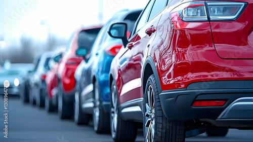 Wallpaper Mural Aligned Cars In Red Blue And Grey With Sharp Focus On A Single Red Automobile Rear Torontodigital.ca