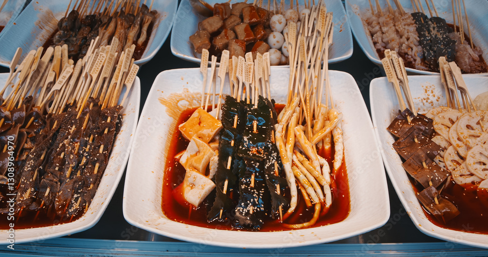 Chengdu, Sichuan, China. Various Meat And Seafood Appetizers In Soy Sauce. Traditional Chinese Snacks. Chinese Street Food. Street Barbecue. Asian Street Food. Asian Cuisine